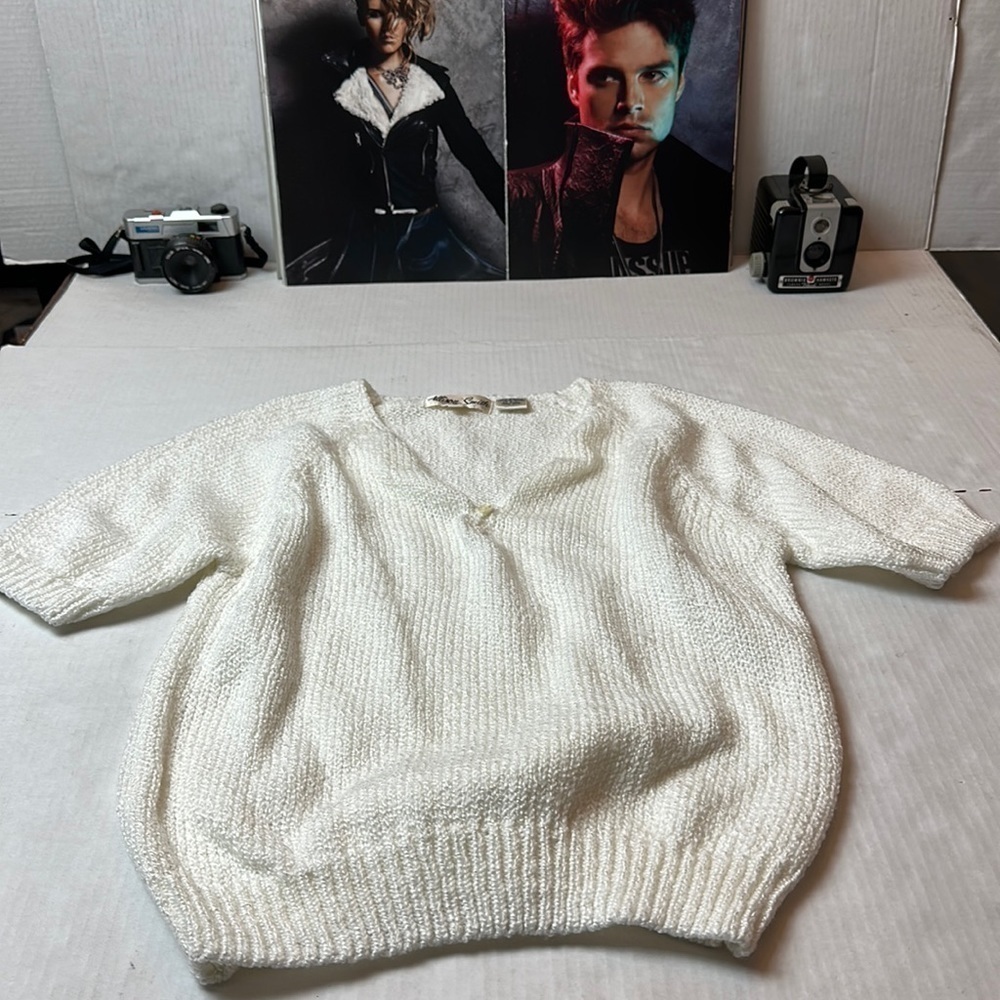 Ivory Bouclé Knit Sweater 90s Quiet Luxury Short Sleeve Pullover · Allison Smith